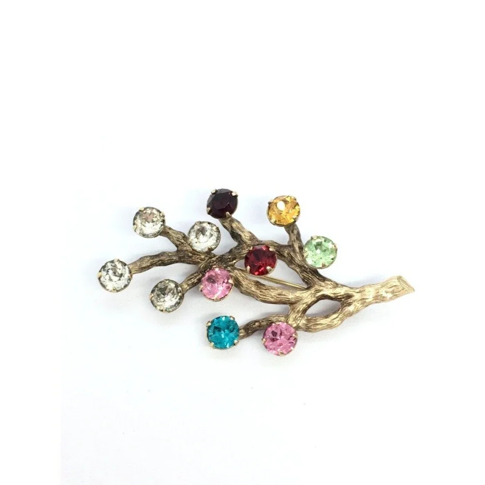 Vintage VAN DELL Brooch 12k Gold Filled Branch Multicolor Rhinestone UV Glow